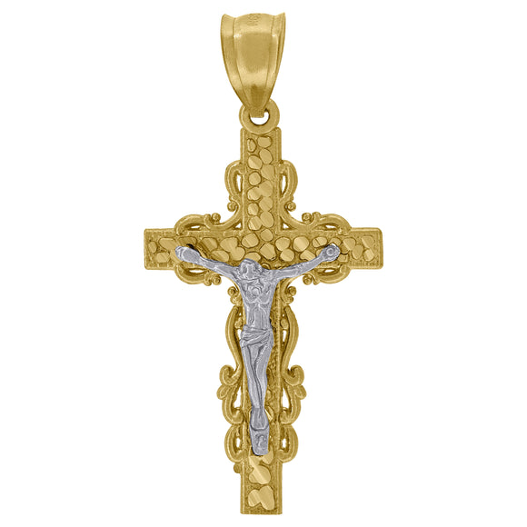 10kt Gold Two-tone Diamond-cut Mens Cross Crucifix Ht:41.4mm x W:20.3mm Religious Charm Pendant