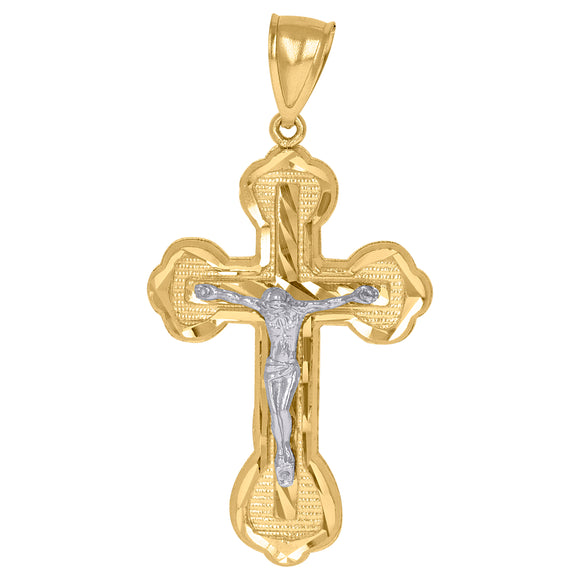 10kt Gold Two-tone Diamond-cut Mens Cross Crucifix Ht:56.5mm x W:33mm Religious Charm Pendant