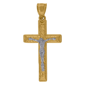 10kt Two-tone Gold Mens Women Nugget Textured Crucifix Cross Religious Charm Pendant
