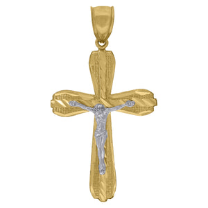 10kt Gold Two-tone Diamond-cut Mens Cross Crucifix Ht:55.4mm x W:29.8mm Religious Charm Pendant