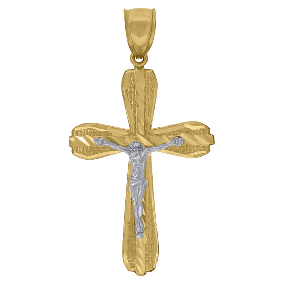 10kt Gold Two-tone Diamond-cut Mens Cross Crucifix Ht:55.4mm x W:29.8mm Religious Charm Pendant