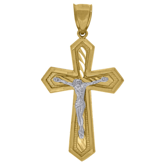 10kt Gold Two-tone Diamond-cut Mens Cross Crucifix Ht:55mm x W:28.6mm Religious Charm Pendant