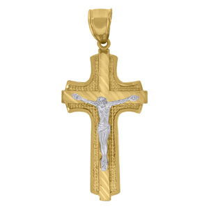 10kt Gold Two-tone Diamond-cut Mens Cross Crucifix Ht:52.9mm x W:24.8mm Religious Charm Pendant