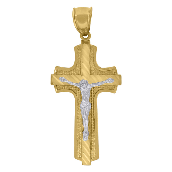 10kt Gold Two-tone Diamond-cut Mens Cross Crucifix Ht:52.9mm x W:24.8mm Religious Charm Pendant