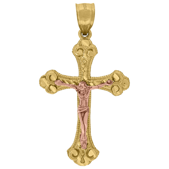 10kt Gold Two-tone Diamond-cut Mens Cross Crucifix Ht:41.2mm x W:22.3mm Religious Charm Pendant