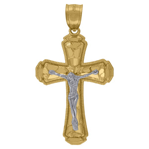 10kt Gold Two-tone Diamond-cut Mens Cross Crucifix Ht:40.2mm x W:21.7mm Religious Charm Pendant