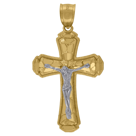10kt Gold Two-tone Diamond-cut Mens Cross Crucifix Ht:40.2mm x W:21.7mm Religious Charm Pendant