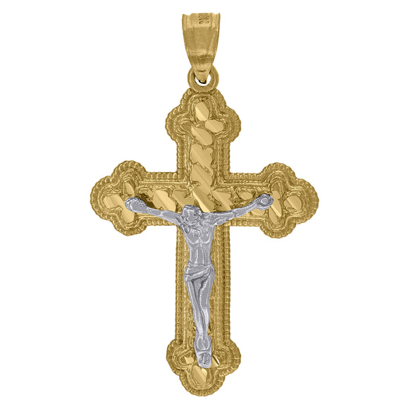 10kt Gold Two-tone Diamond-cut Mens Cross Crucifix Ht:40.2mm x W:22.9mm Religious Charm Pendant