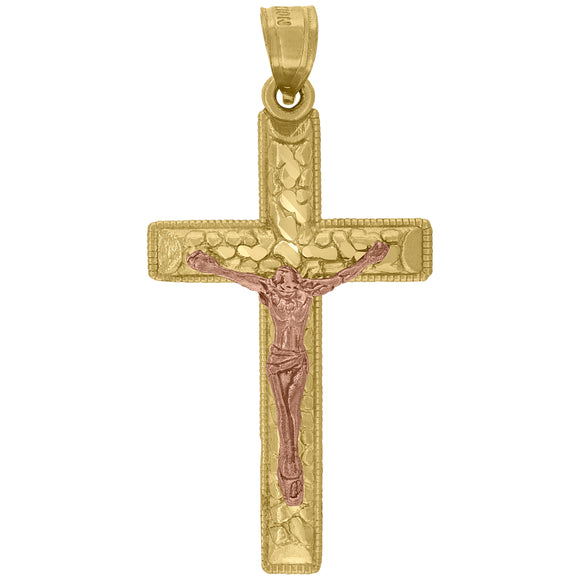 10kt Gold Two-tone Diamond-cut Mens Cross Crucifix Ht:40mm x W:19.6mm Religious Charm Pendant