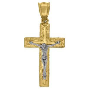 10kt Two-tone Gold Mens Women Nugget Textured Crucifix Cross Religious Charm Pendant