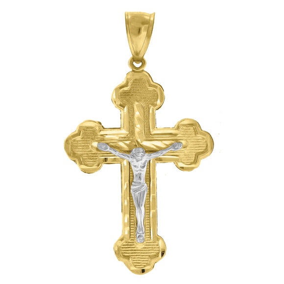 10kt Gold Two-tone Diamond-cut Mens Cross Crucifix Ht:55.9mm x W:32mm Religious Charm Pendant
