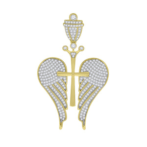 925 Sterling Silver Yellow-tone Unisex CZ Angel Wings Cross Religious Charm Pendant