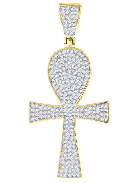 925 Sterling Silver Yellow-Tone Unisex CZ Ankh Cross Religious Charm Pendant