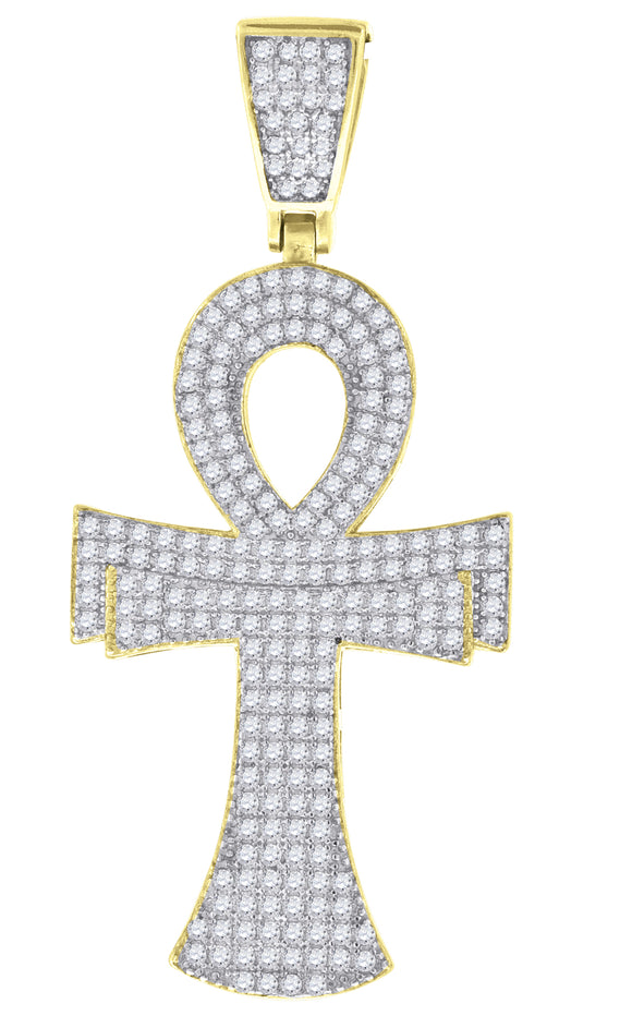 925 Sterling Silver Yellow-Tone Unisex CZ Ankh Cross Religious Charm Pendant