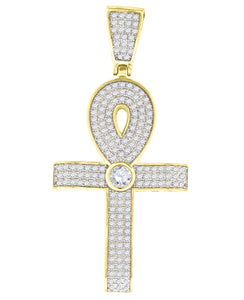 925 Sterling Silver Yellow-Tone Unisex CZ Ankh Cross Religious Charm Pendant