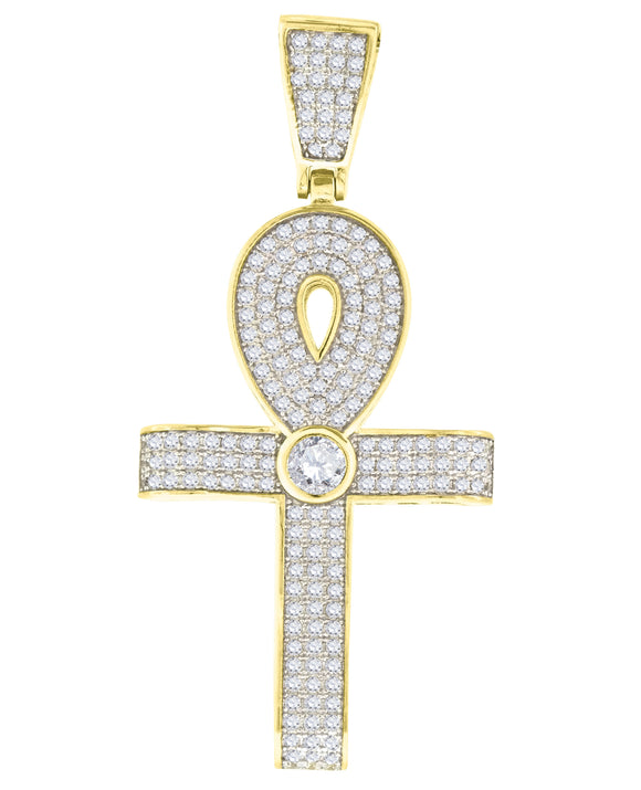 925 Sterling Silver Yellow-Tone Unisex CZ Ankh Cross Religious Charm Pendant