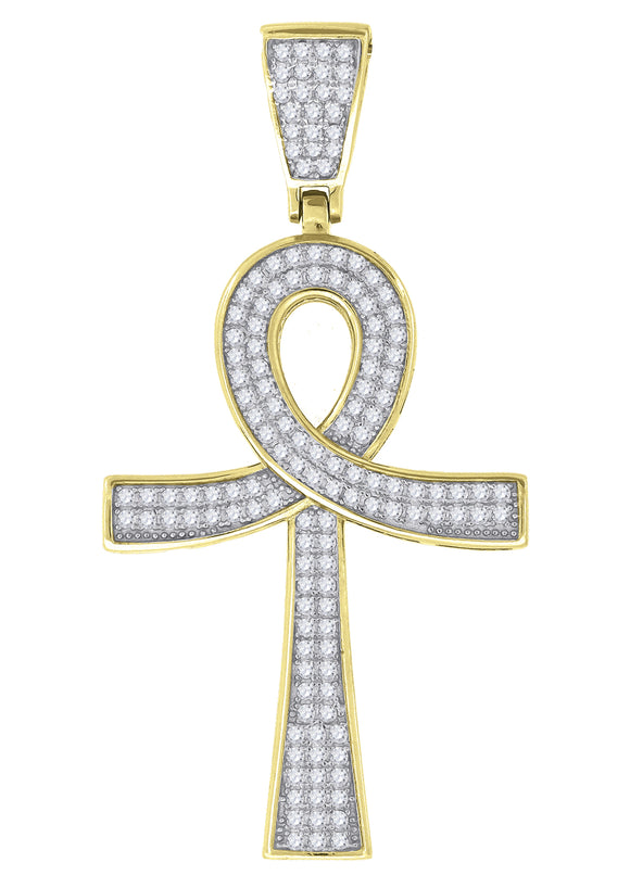 925 Sterling Silver Yellow-Tone Unisex CZ Ankh Cross Religious Charm Pendant