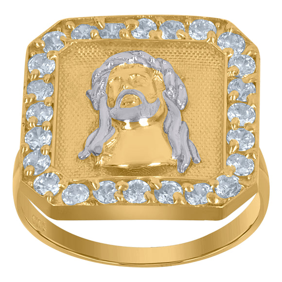 10KT Two-Tone Gold Mens Cubic Zirconia Jesus Religious Ring
