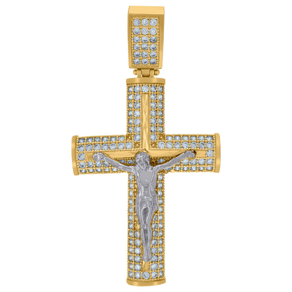 10kt Gold Two-tone Cubic-zirconia Mens Cross Crucifix Ht:47.1mm x W:25.2mm Religious Charm Pendant