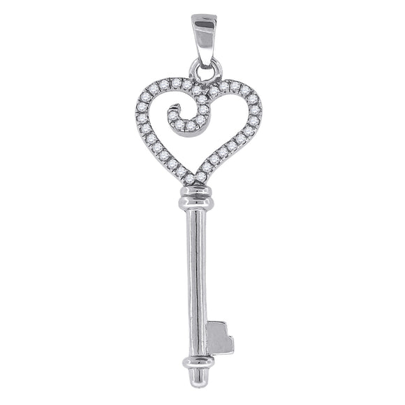 925 Sterling Silver Womens CZ Heart Key Charm Pendant