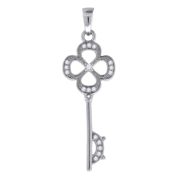 925 Sterling Silver Womens CZ Clover Head Key Charm Pendant