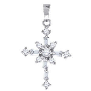 925 Sterling Silver Unisex Baguette CZ Cross Religious Charm Pendant