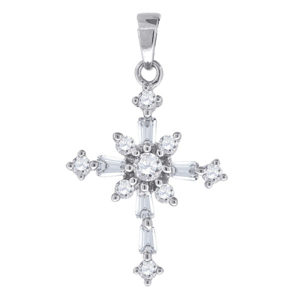 925 Sterling Silver Unisex Baguette CZ Cross Religious Charm Pendant
