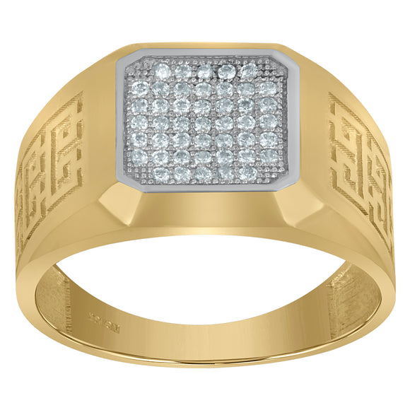 10kt Two-tone Gold Mens Cubic Zirconia Greek Key Square Head Engagement Ring