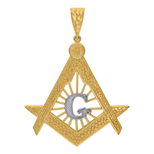 10kt Gold Two-tone Diamond-cut Mens Masonic Ht:64.9mm x W:49.1mm Religious Charm Pendant