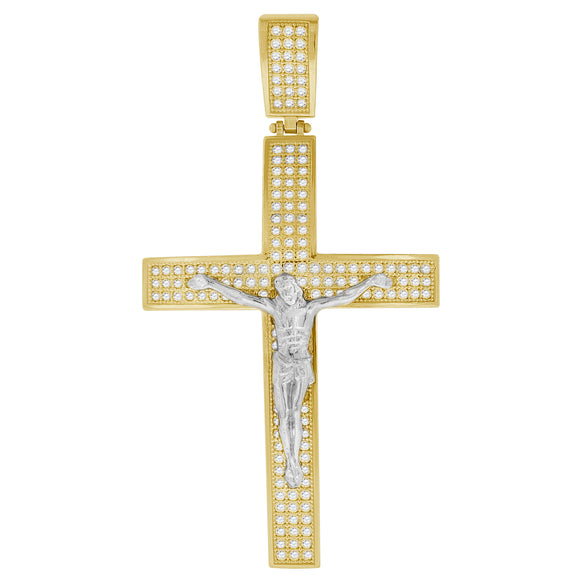 10kt Gold Two-tone Cubic-zirconia Mens Cross Crucifix Ht:60.2mm x W:32mm Religious Charm Pendant