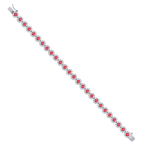 925 Sterling Silver Women Red & White Cubic Zirconia Fancy Tennis Flower Bracelet Size 8 Inches