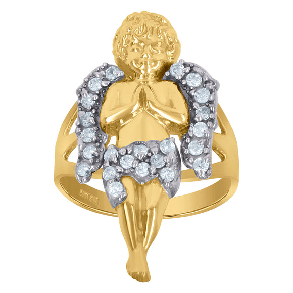 10kt Two-tone Gold Mens Round Cubic Zirconia Praying Angel Wings Religious Ring