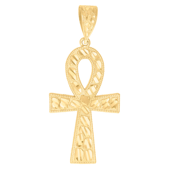 10kt Yellow Gold Mens Women Nugget Textured Ankh Cross Religious Charm Pendant