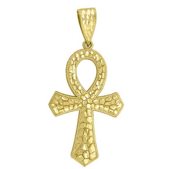 10kt Yellow Gold Diamond-cut Nugget Mens Ankh Cross Ht:56.5mm x W:27.5mm Religious Charm Pendant