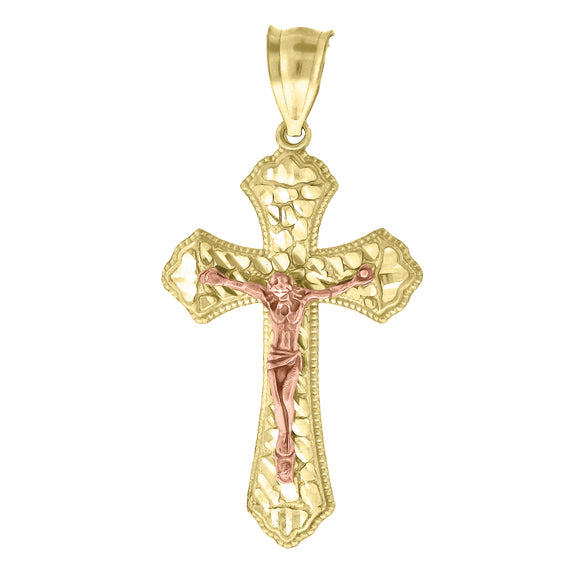 10kt Gold Two-tone Diamond-cut Nugget Mens Cross Crucifix Ht:41.6mm x W:21.2mm Religious Charm Pendant