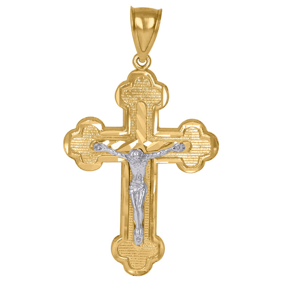 10kt Gold Two-tone Diamond-cut Mens Cross Crucifix Ht:48.6mm x W:27.2mm Religious Charm Pendant