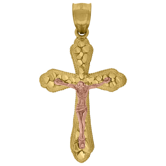 10kt Two-tone Gold Mens Women Nugget Textured Crucifix Cross Religious Charm Pendant