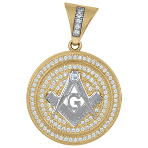 10kt Gold Two-tone Cubic-zirconia Mens Masonic Medallion Ht:38mm x W:25.6mm Religious Charm Pendant