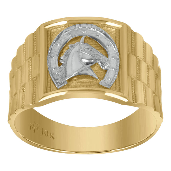 10kt Two-tone Gold Mens Textured Horseshoe Square Ring