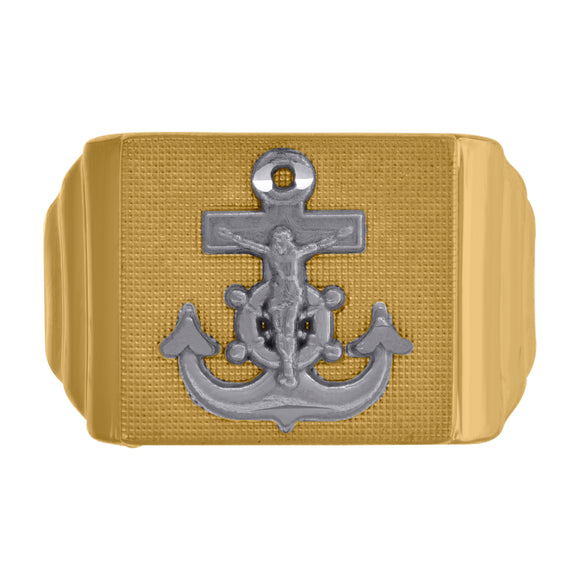 10kt Two-tone Gold Mens DC Textured Anchor Crucifix Cross Religious Ring