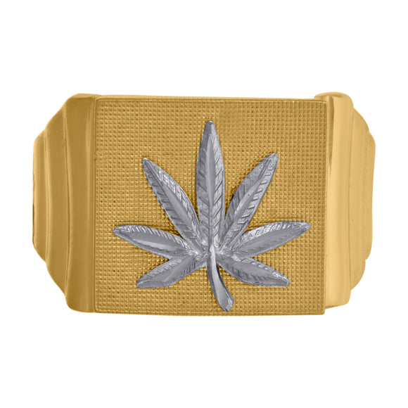 10kt Two-tone Gold Mens DC Textured Marijuana Leaf Square Ring