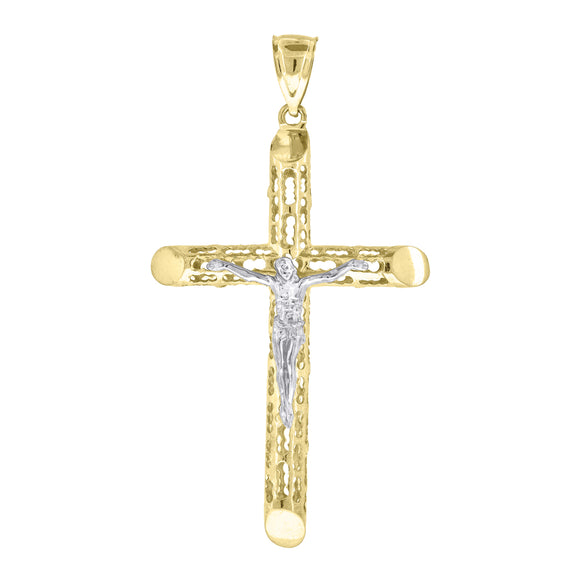 10kt Gold Two-tone Diamond-cut Mens Cross Crucifix Ht:72mm x W:39.3mm Religious Charm Pendant