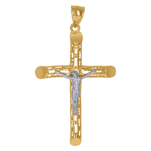 10kt Gold Two-tone Diamond-cut Mens Cross Crucifix Ht:61.6mm x W:34mm Religious Charm Pendant