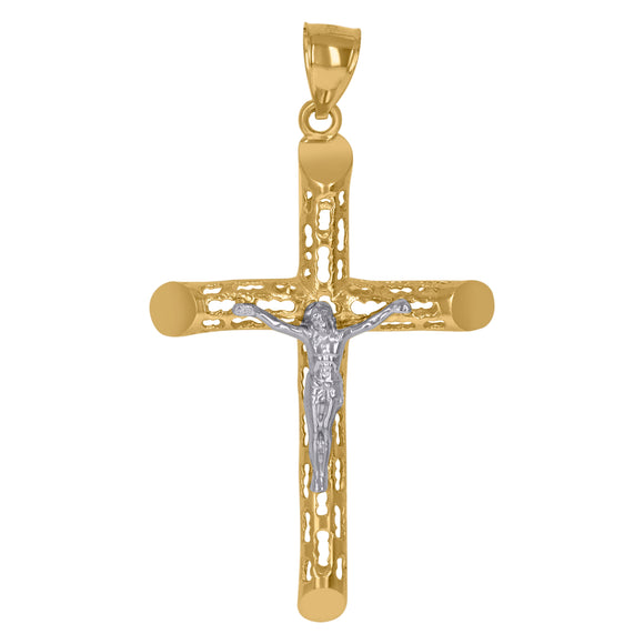 10kt Gold Two-tone Diamond-cut Mens Cross Crucifix Ht:61.6mm x W:34mm Religious Charm Pendant