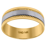 14kt Two-tone Gold Mens Brushed Center Rope Milgrain Wedding Band Ring 7mm Size 13