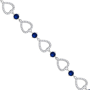 925 Sterling Silver Women Blue & White Cubic Zirconia Link Heart Bracelet