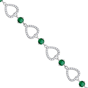 925 Sterling Silver Women Green & White Cubic Zirconia Link Heart Bracelet