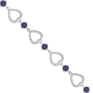 925 Sterling Silver Women Purple & White Cubic Zirconia Link Heart Bracelet