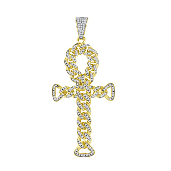 925 Sterling Silver Yellow-Tone Unisex CZ Ankh Cross Religious Charm Pendant