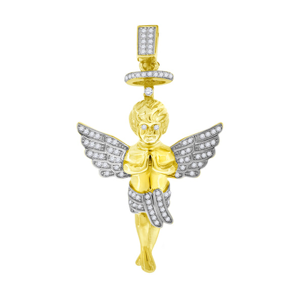 925 Sterling Silver Yellow-tone Mens Cubic Zirconia Religious Praying Angel Charm Pendant